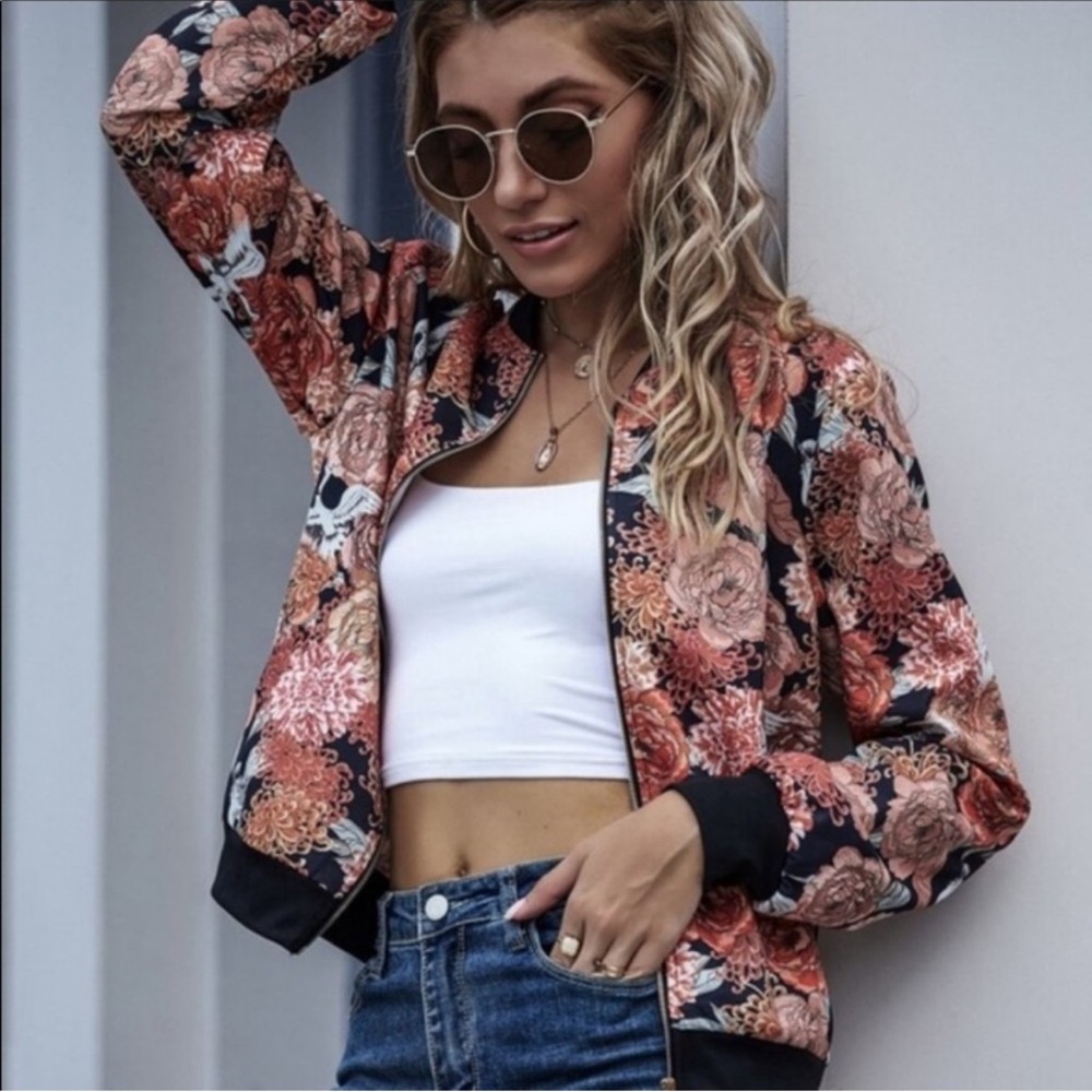 SHEIN Floral Bomber Jacket - Black and Orange